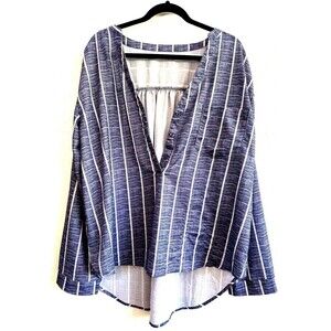 Unbranded Striped V-Neck High-Low Long Sleeve Top Womens Size 2XL Blue‎